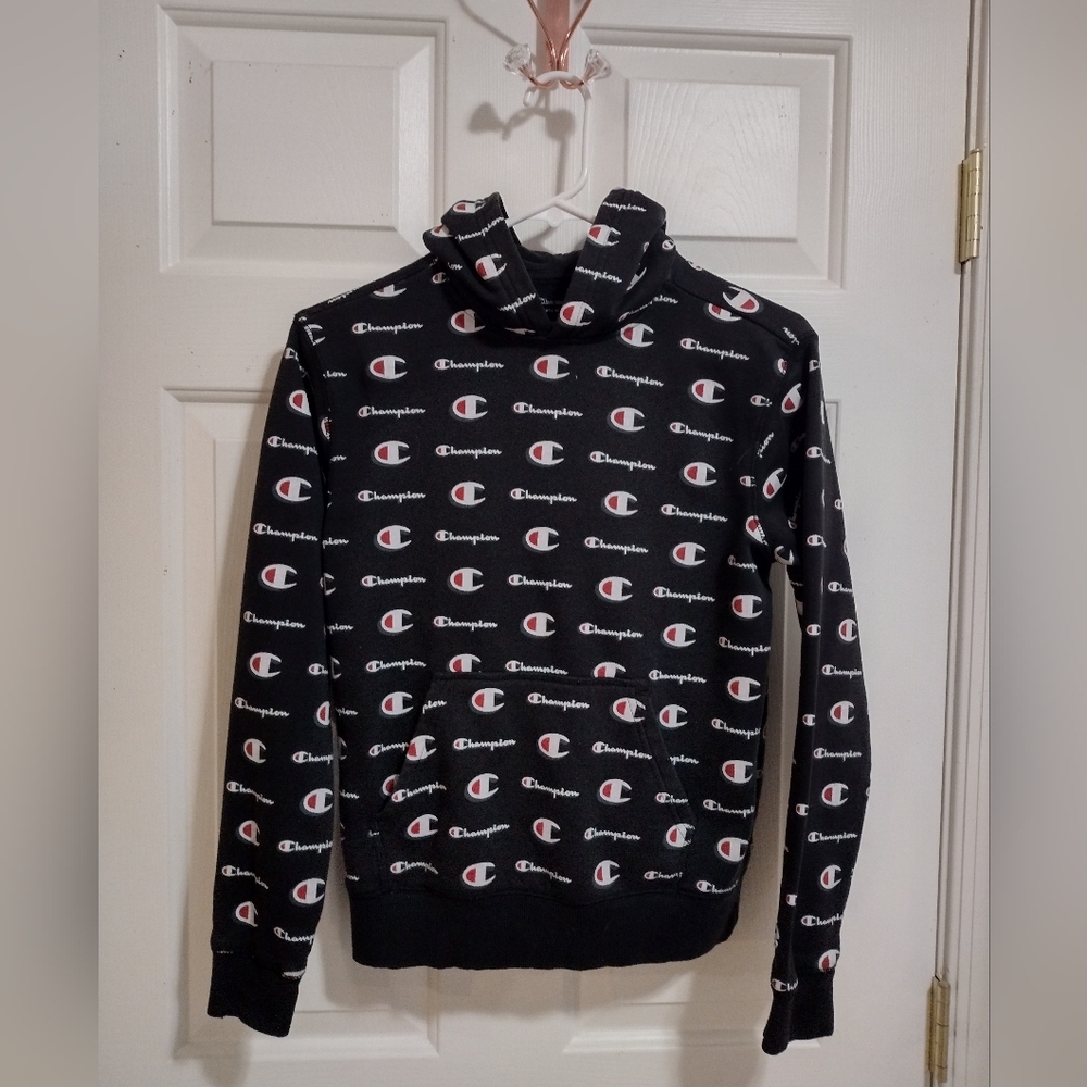 Champion Logo Boys Hooded Sweatshirt Black Size Large (Boys)